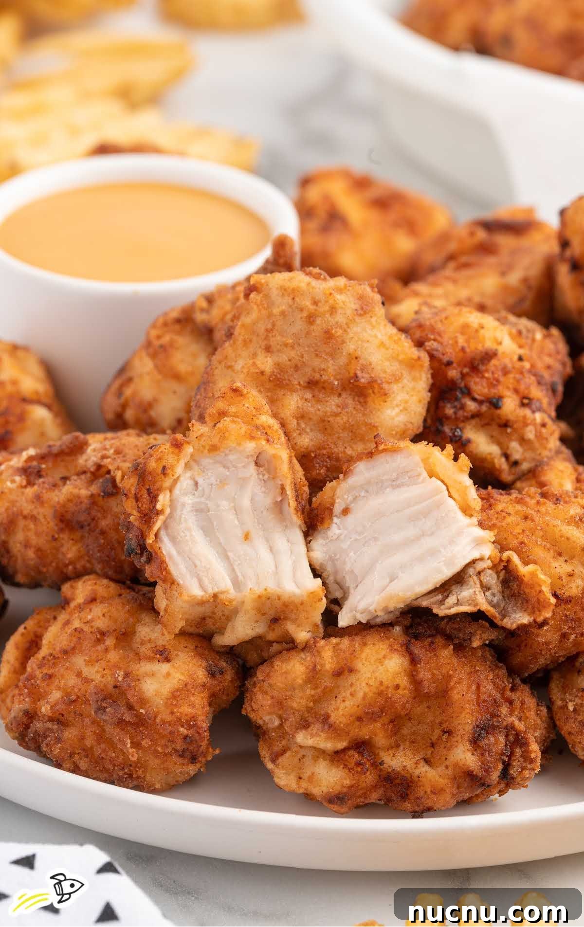 a plate of chicken nuggets with a bowl of dipping sauce