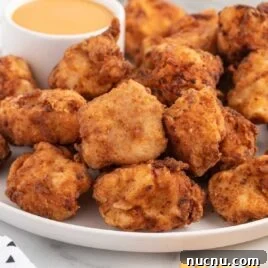 a plate of chicken nuggets with a bowl of dipping sauce