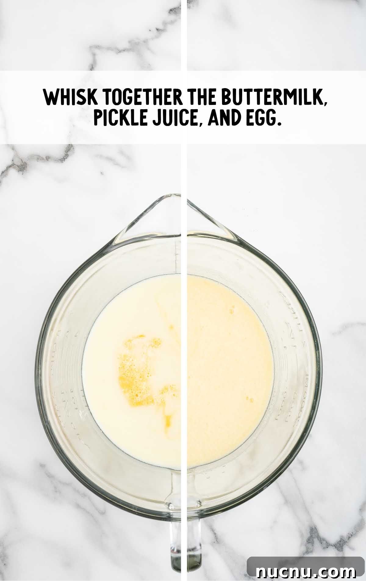 buttermilk, pickle juice, and egg combined in a bowl