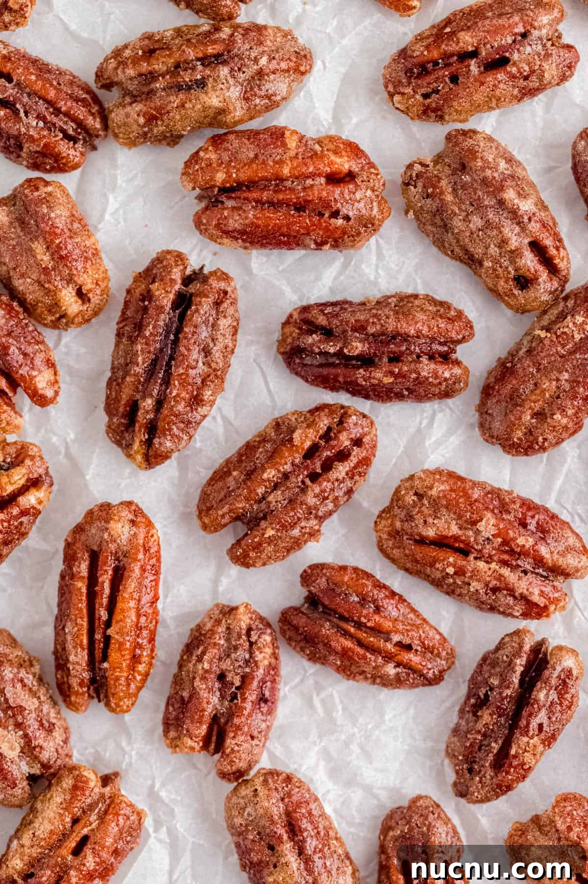Sweet and Sticky Candied Pecans Recipe for Holiday Gifts 2 baked candied pecans on a piece of white parchment paper