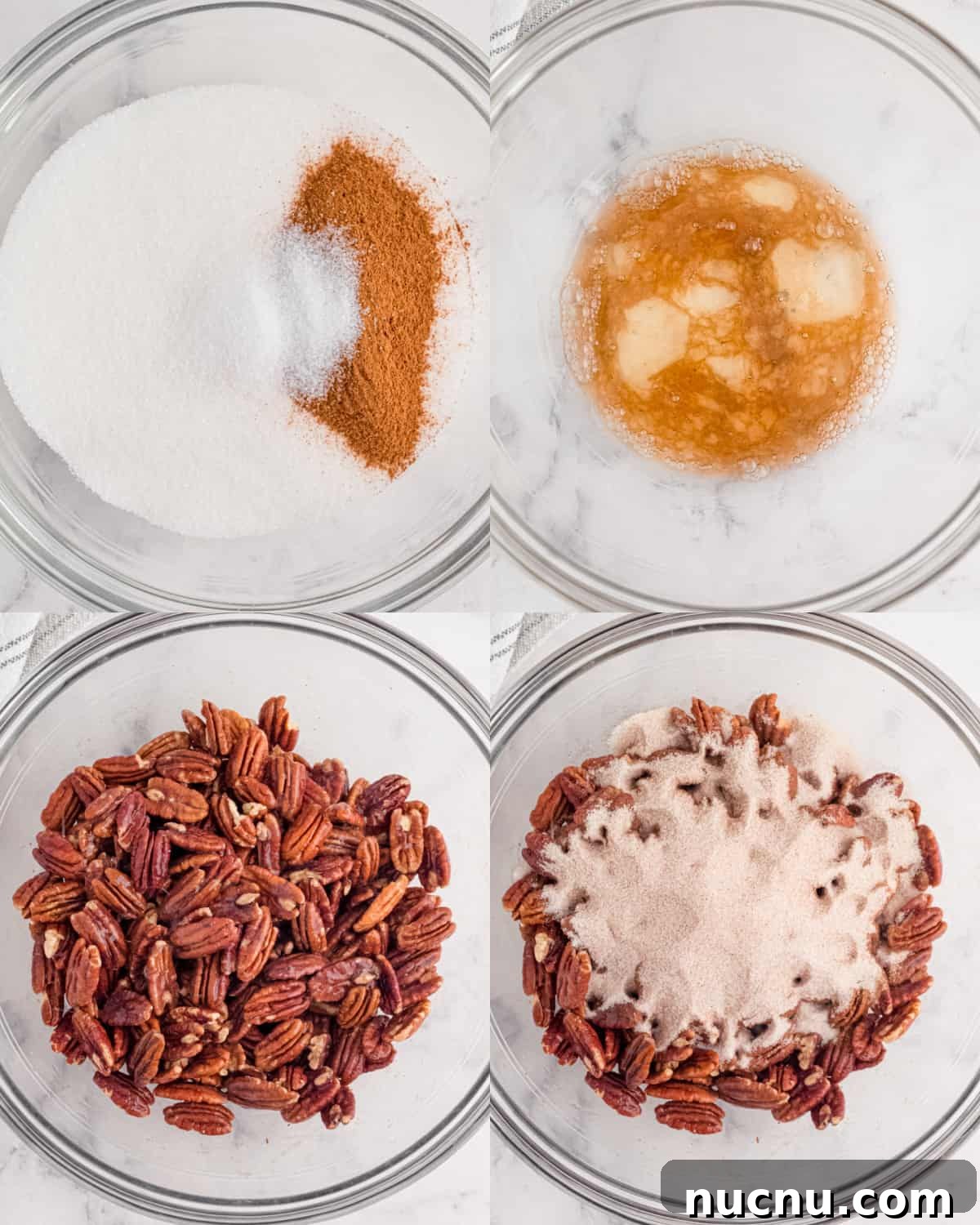 Sweet and Sticky Candied Pecans Recipe for Holiday Gifts 4 mixing ingredients for candied pecans in a bowl