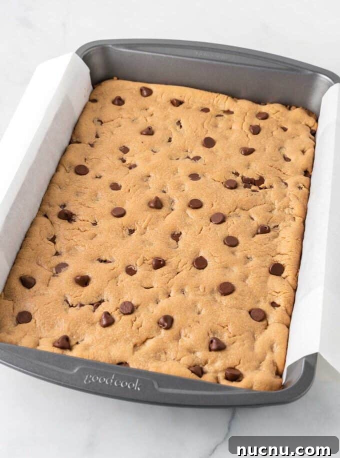 Chewy Peanut Butter Cookie Bars Recipe for Snack Lovers 8 baked peanut butter chocolate chip cookie bars in 9x13 pan