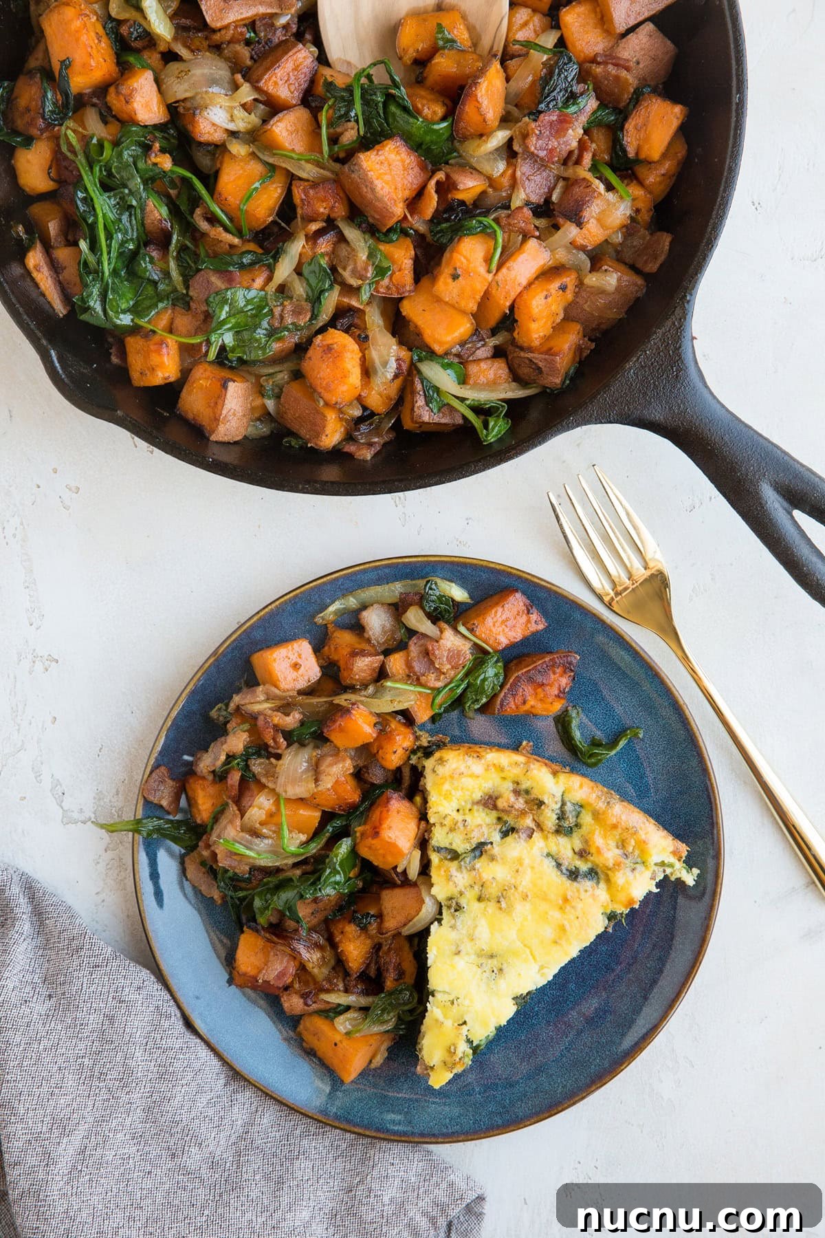 Sweet Potato Hash with spinach and bacon. An easy side dish to level up your breakfast or brunch!