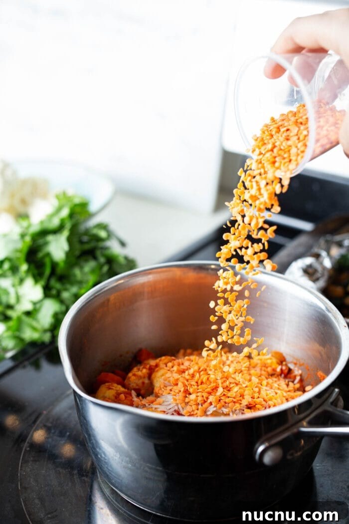 Essential Vegan Pantry Staples for Everyday Cooking 3 Adding red lentils to a pot of cauliflower curry stew.
