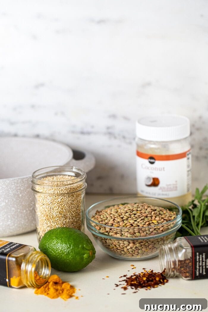 Essential Vegan Pantry Staples for Everyday Cooking 4 A bowl of lentils, container of quinoa, a lime and a few containers of spices sitting on a counter top.