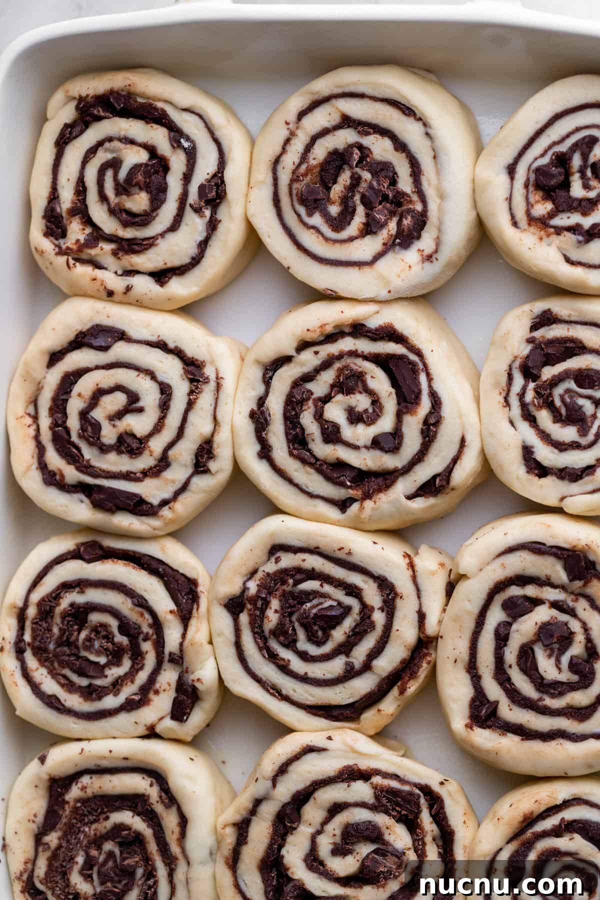 Decadent Chocolate Cinnamon Rolls with Gooey Chocolate Swirl 7 Raw rolls in a baking pan.