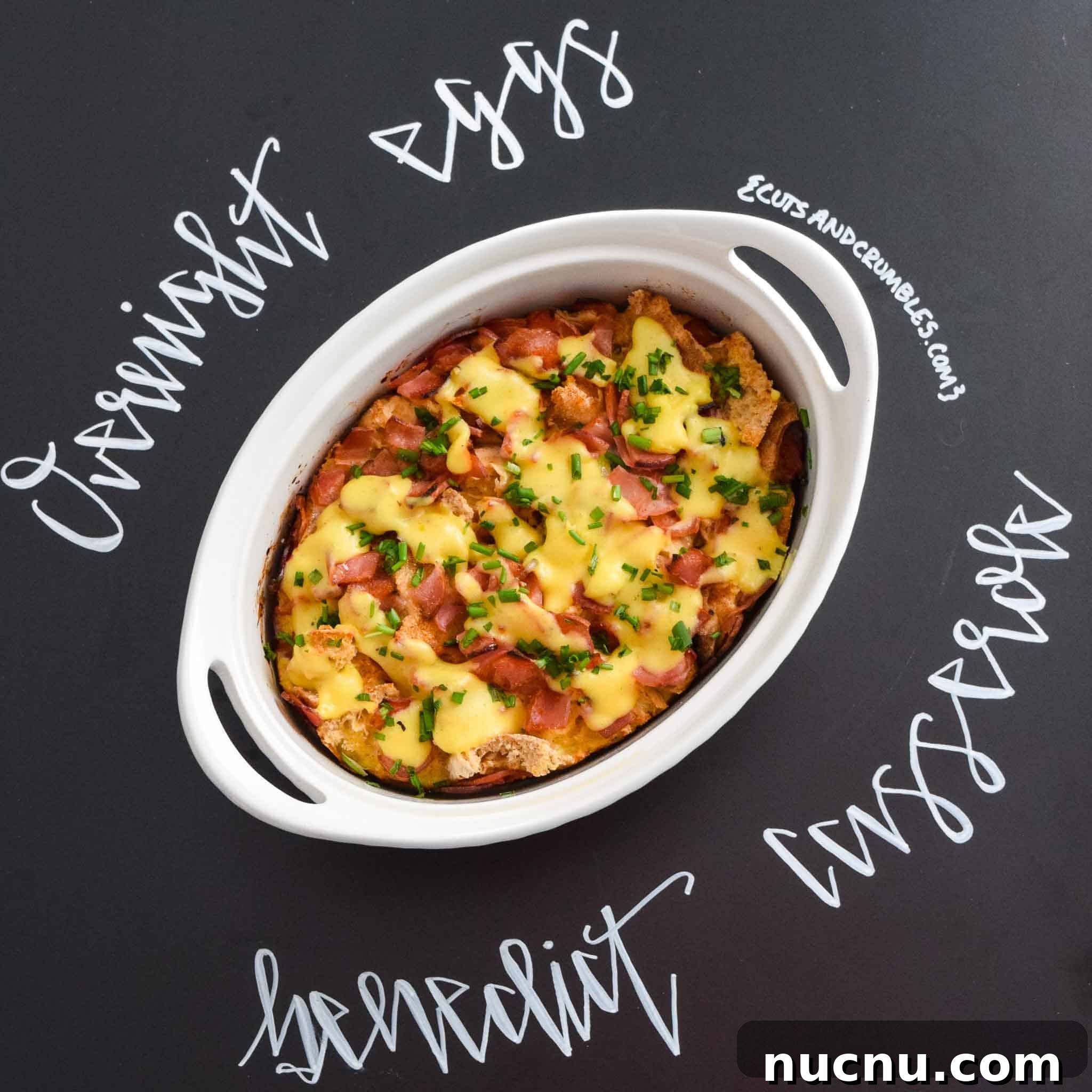 Overnight Eggs Benedict Casserole Recipe for Brunch Crowd 2 Overnight Eggs Benedict Casserole with title written on chalkboard