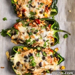 Chicken stuffed poblano peppers on parchment topped with cheese and cilantro.