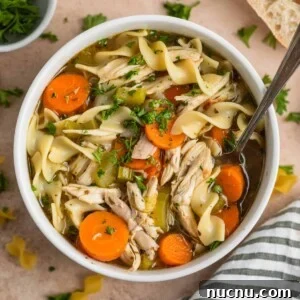 Overhead view of rotisserie chicken noodle soup in white bowl with spoon.