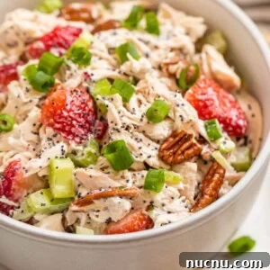 White bowl with strawberry pecan chicken salad topped with green onion and pecans.