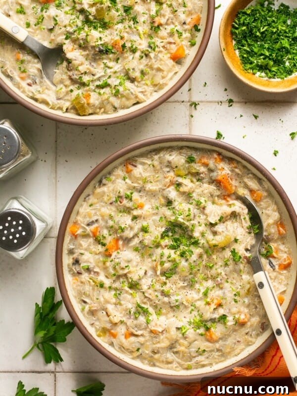 Dairy Free Creamy chicken and wild rice soup in 2 bowls with a red napkin and parsley on the side