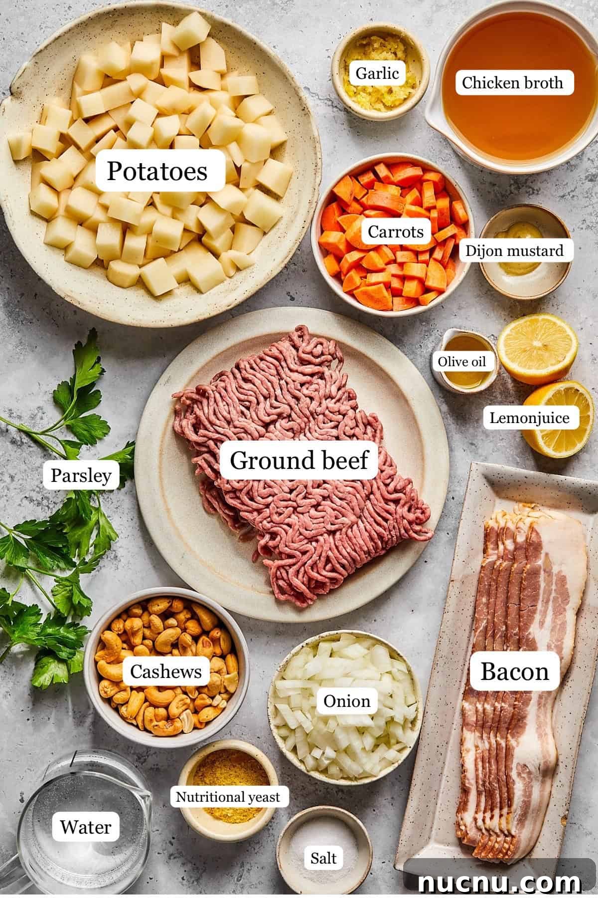 ingredients for cheeseburger soup in nesting bowls
