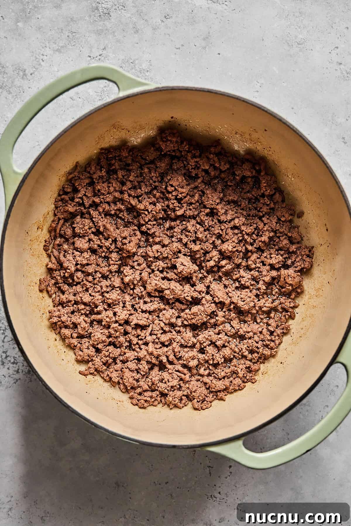 cooked ground beef in a pot