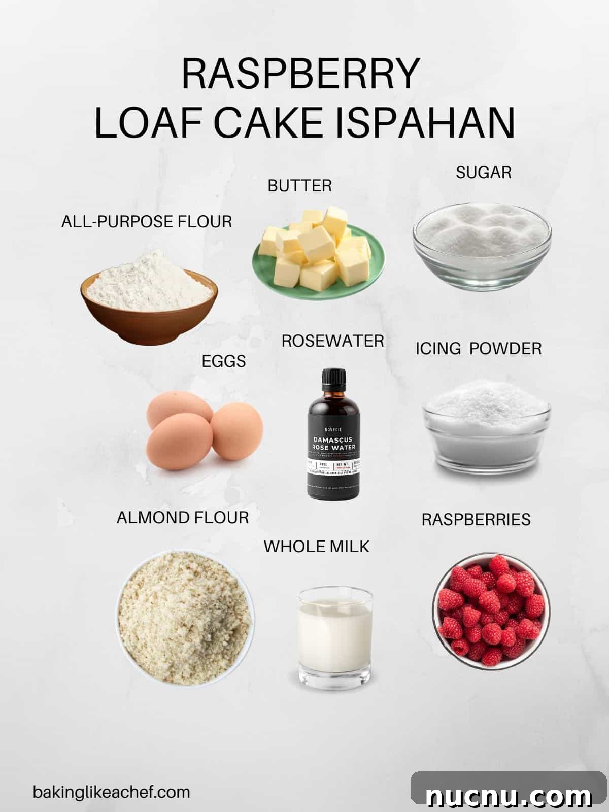 Ispahan Raspberry Loaf Cake Recipe for Elegant Tea-Time Treat 4 Raspberry loaf cake ingredients in pictures