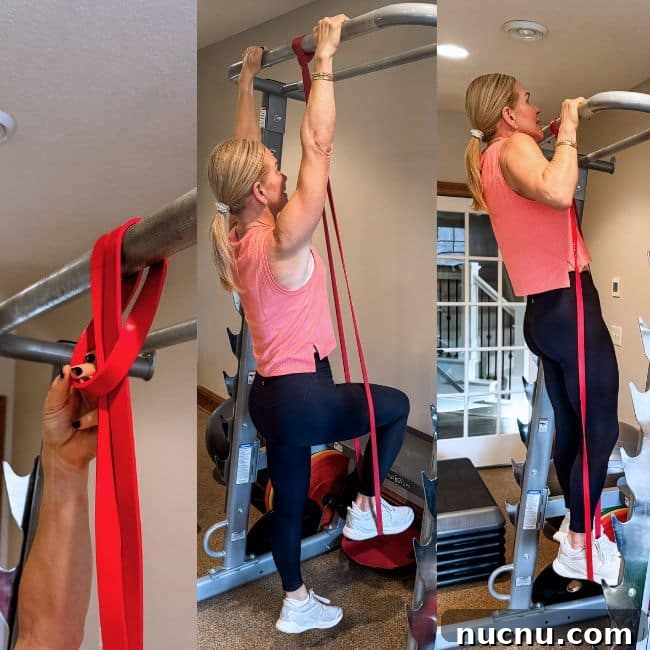 10 Resistance Band Benefits for Effective Home Workouts 5 woman showing 3 steps of using resistance band for pull up assistance