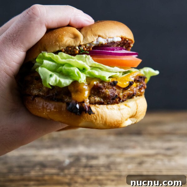 Savory Pork Butt Dry Rub Recipe for Juicy Barbecue 16 Fully assembled turkey burger being held by hand with cheese oozing.