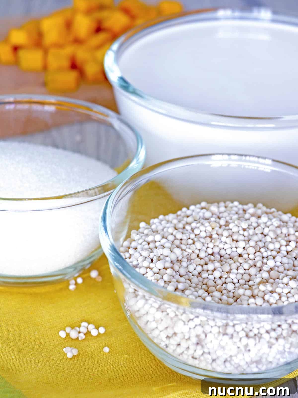 mini tapioca pearls, coconut milk, sugar, and calabasa cubes