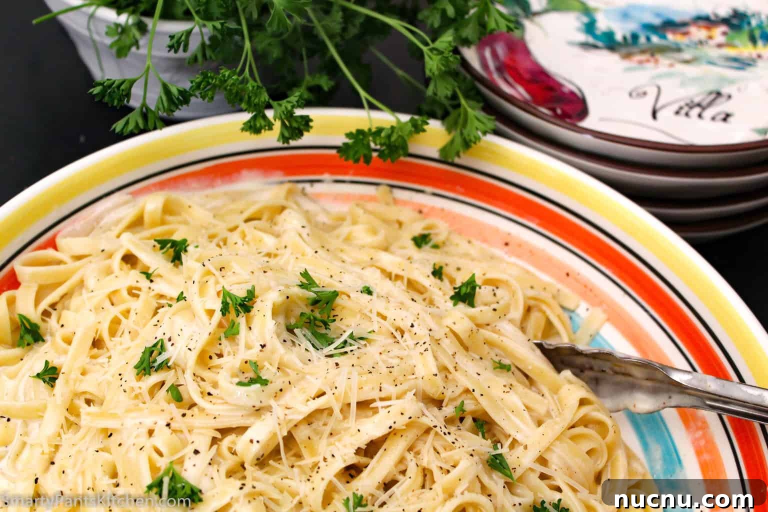 Fettuccine Alfredo Fettuccine Alfredo in decorative bowl.