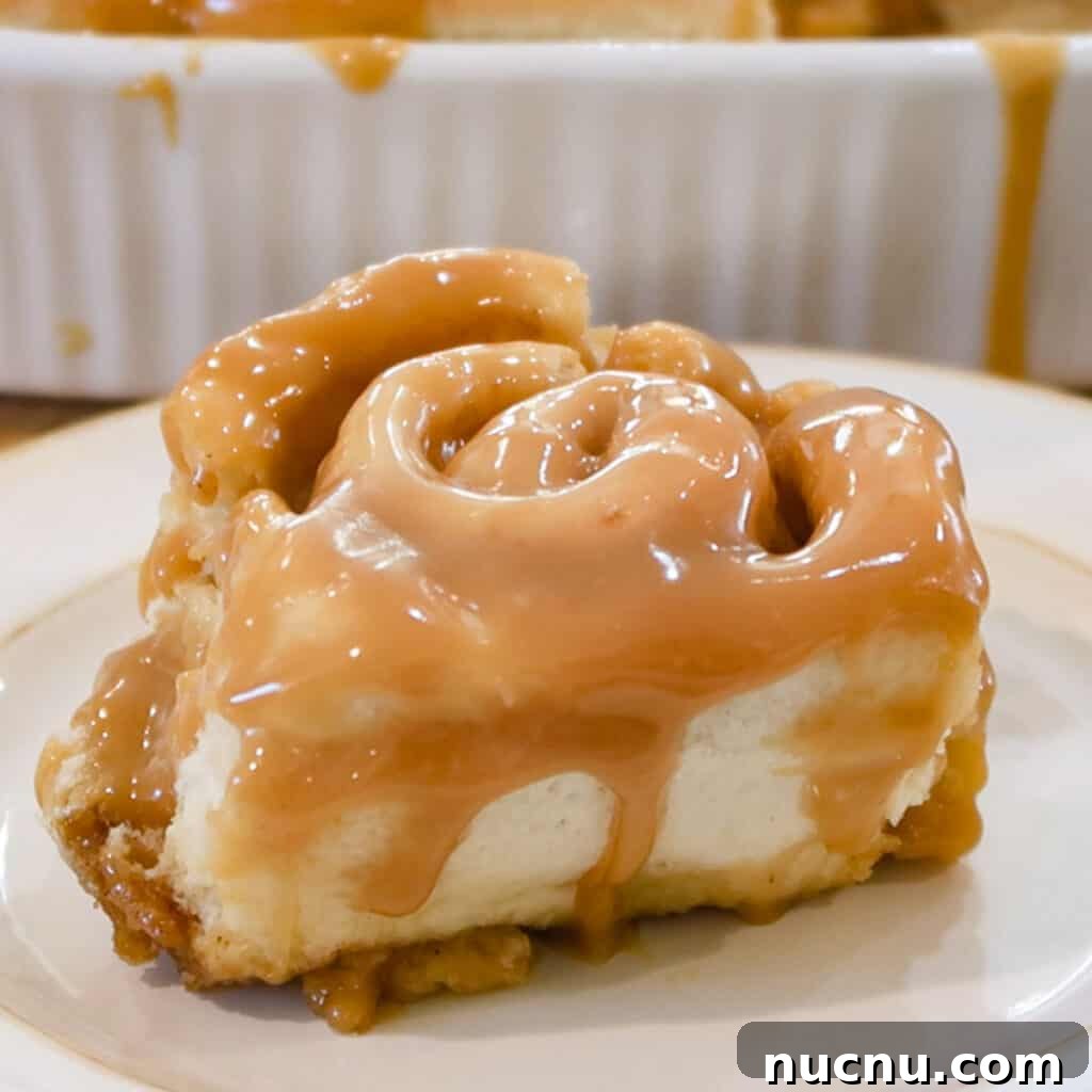 Cinnamon Roll Recipes: Classic, Gooey, and Irresistible Options 4 caramel Cinnamon Rolls with caramel Topping on a white plate.
