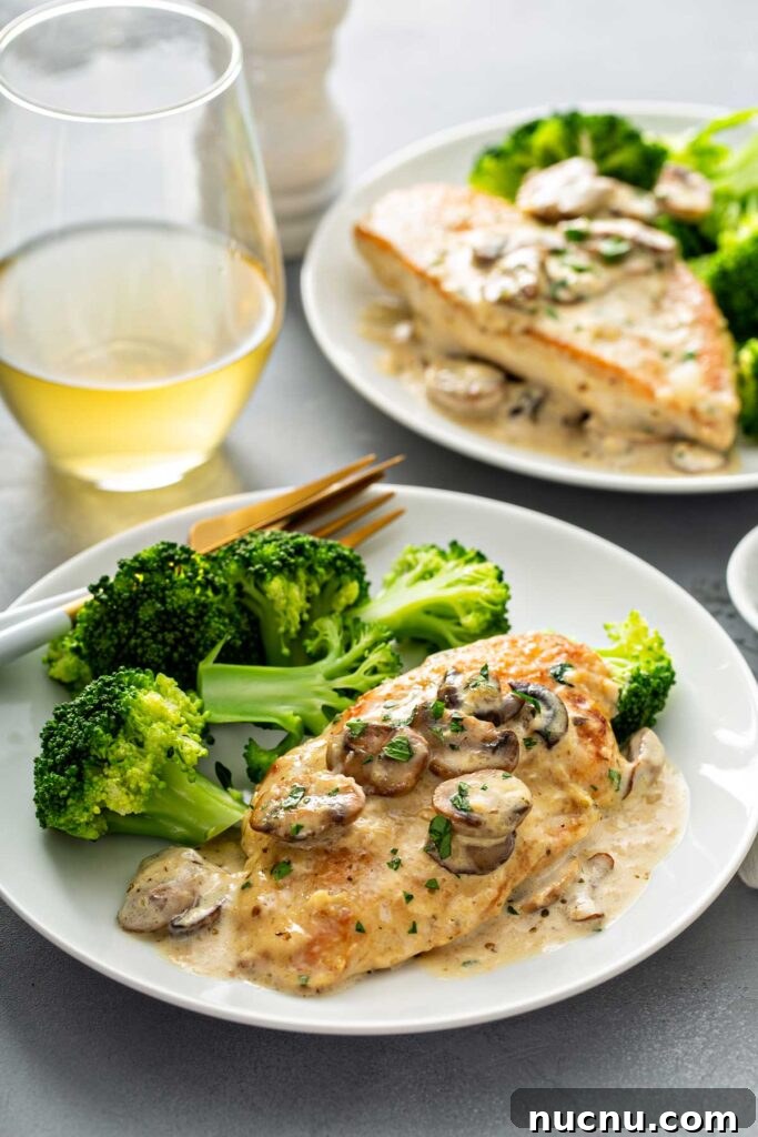 Chicken cutlet served with mushroom sauce and broccoli in a white plate
