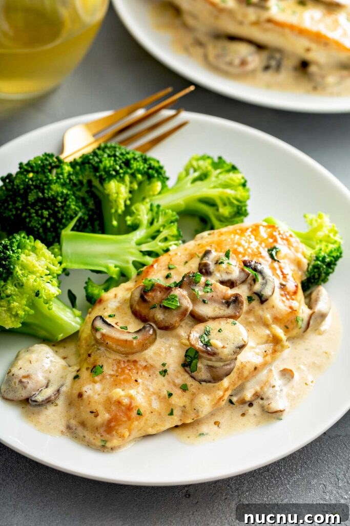 Chicken breast served with mushroom sauce and steamed broccoli on a white plate