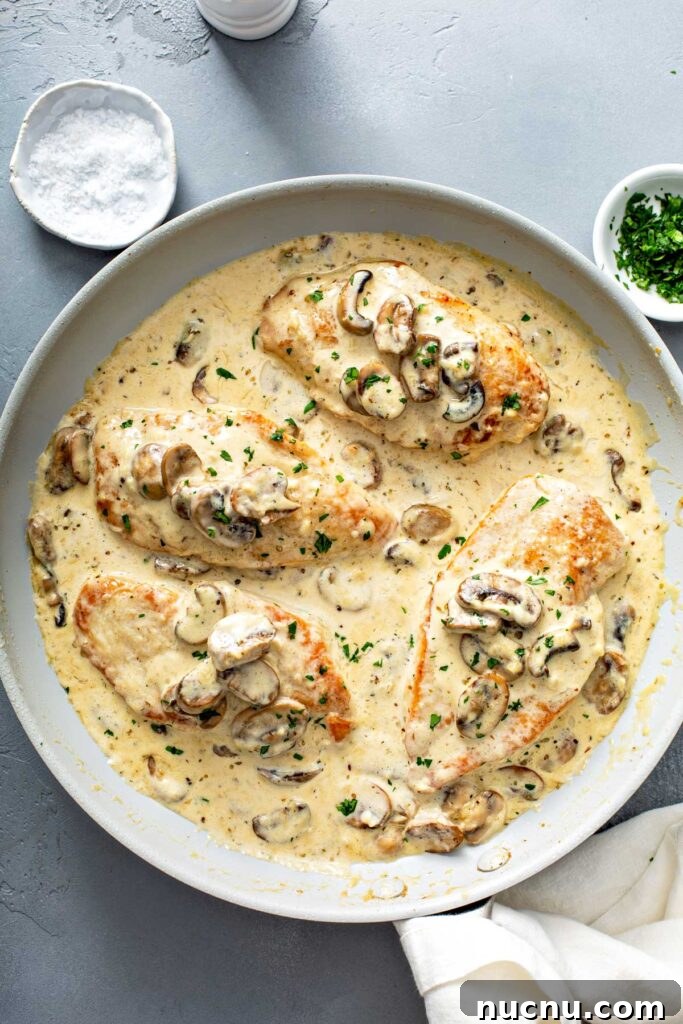 Creamy Chicken and Mushrooms in a white skillet ready to be served