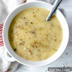 completed bowl of mushroom gravy against a white background
