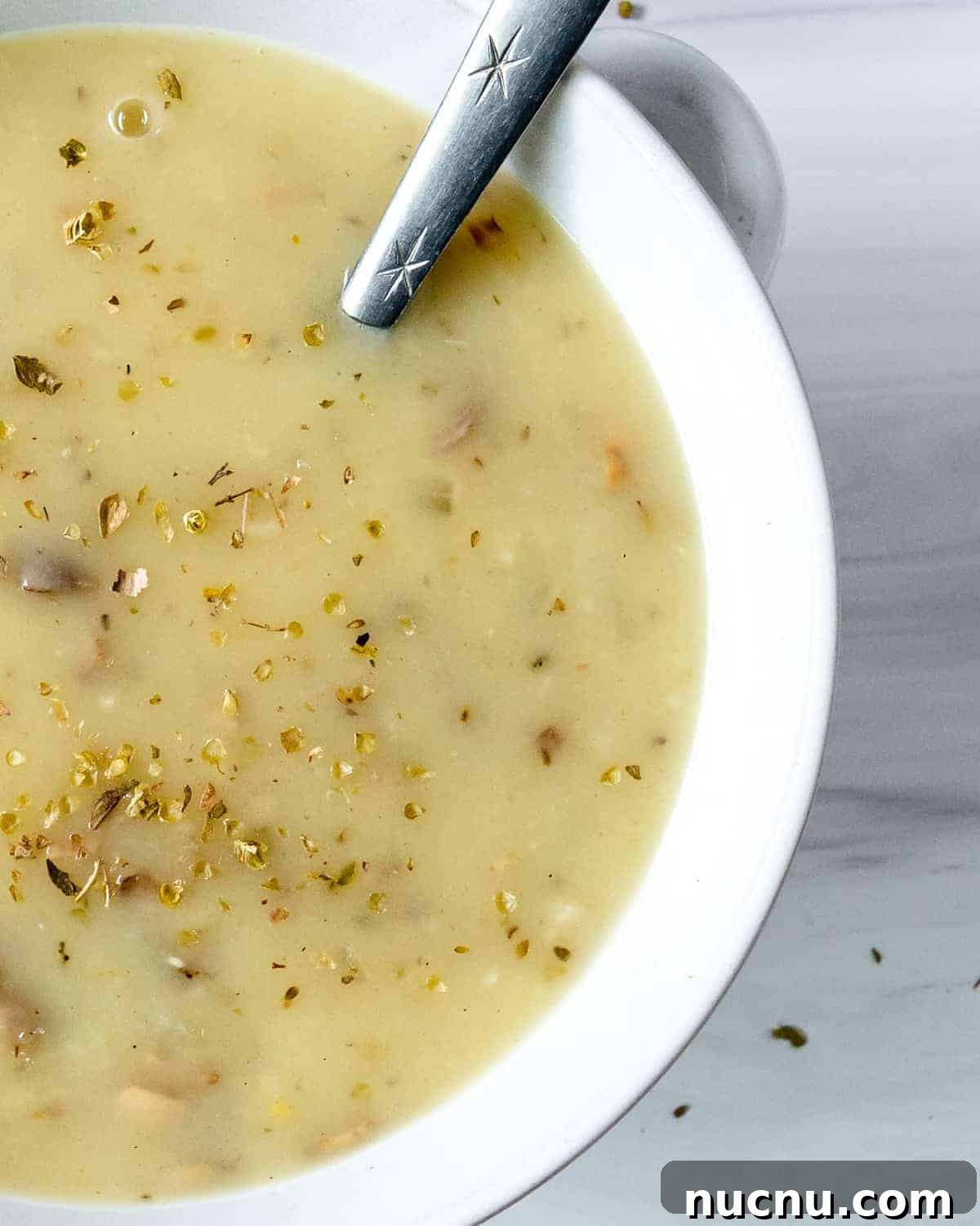 completed close up bowl of mushroom gravy against a white background