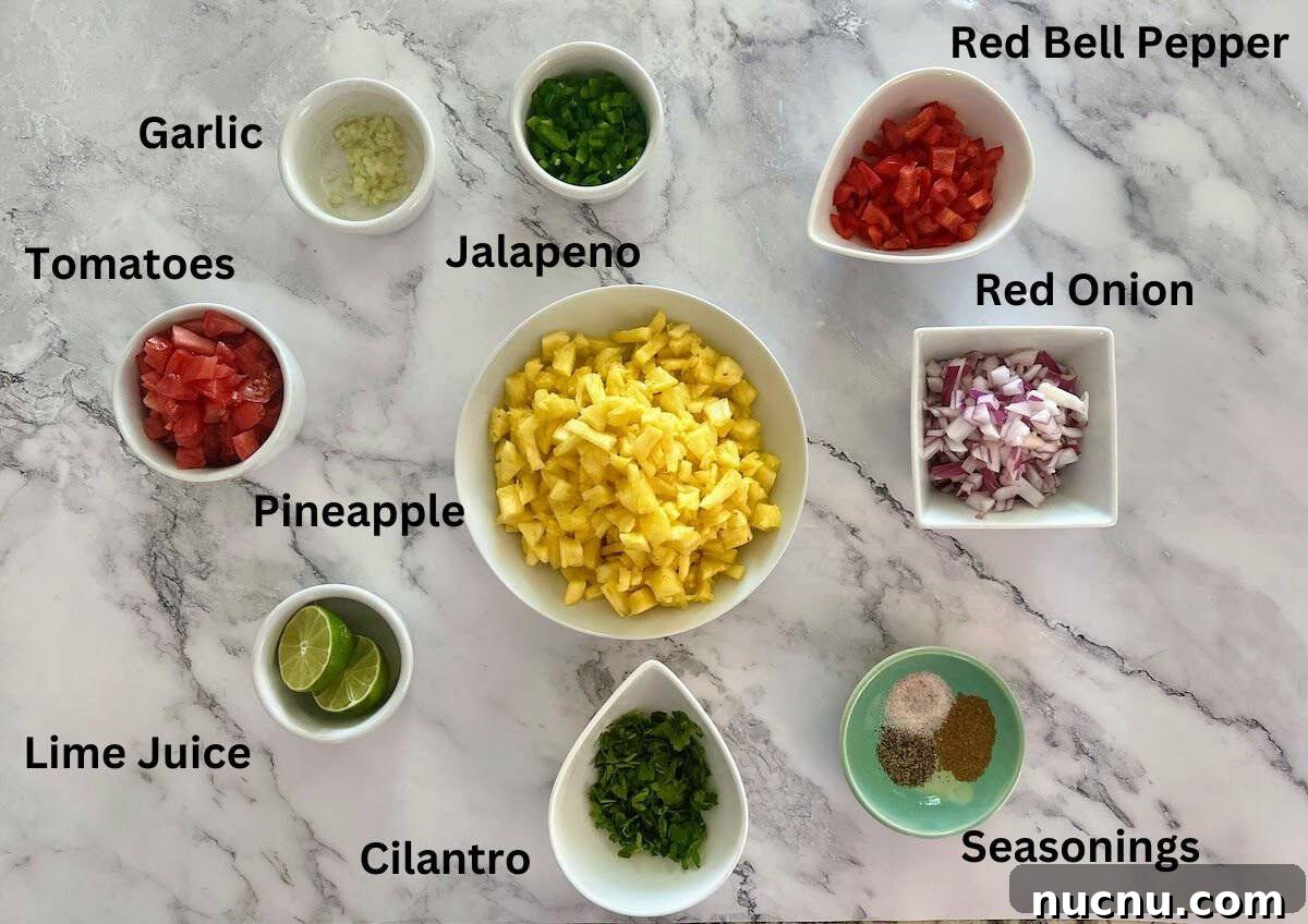Pineapple salsa ingredients: pineapple, red bell pepper, red onion, salt, pepper, cumin, cilantro, lime juice, Roma tomatoes, garlic, and jalapeno