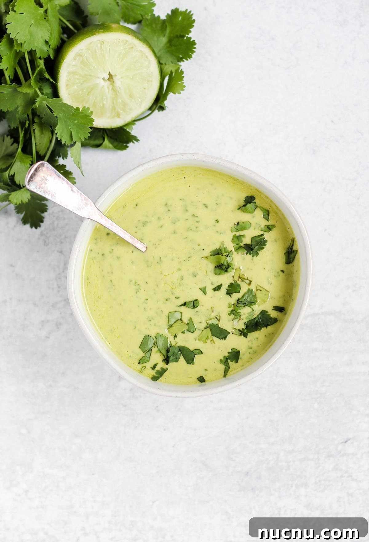 spoon dipping into a white bowl filled with cilantro lime dressing