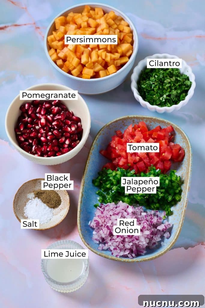 Persimmon Salsa Recipe: Fresh, Tangy Fall Salsa for Chips & Tacos 3 Ingredients to make persimmon salsa. finely chopped red onions, jalapenos, tomato, cilantro, pomegranate, lime juice, salt and pepper.