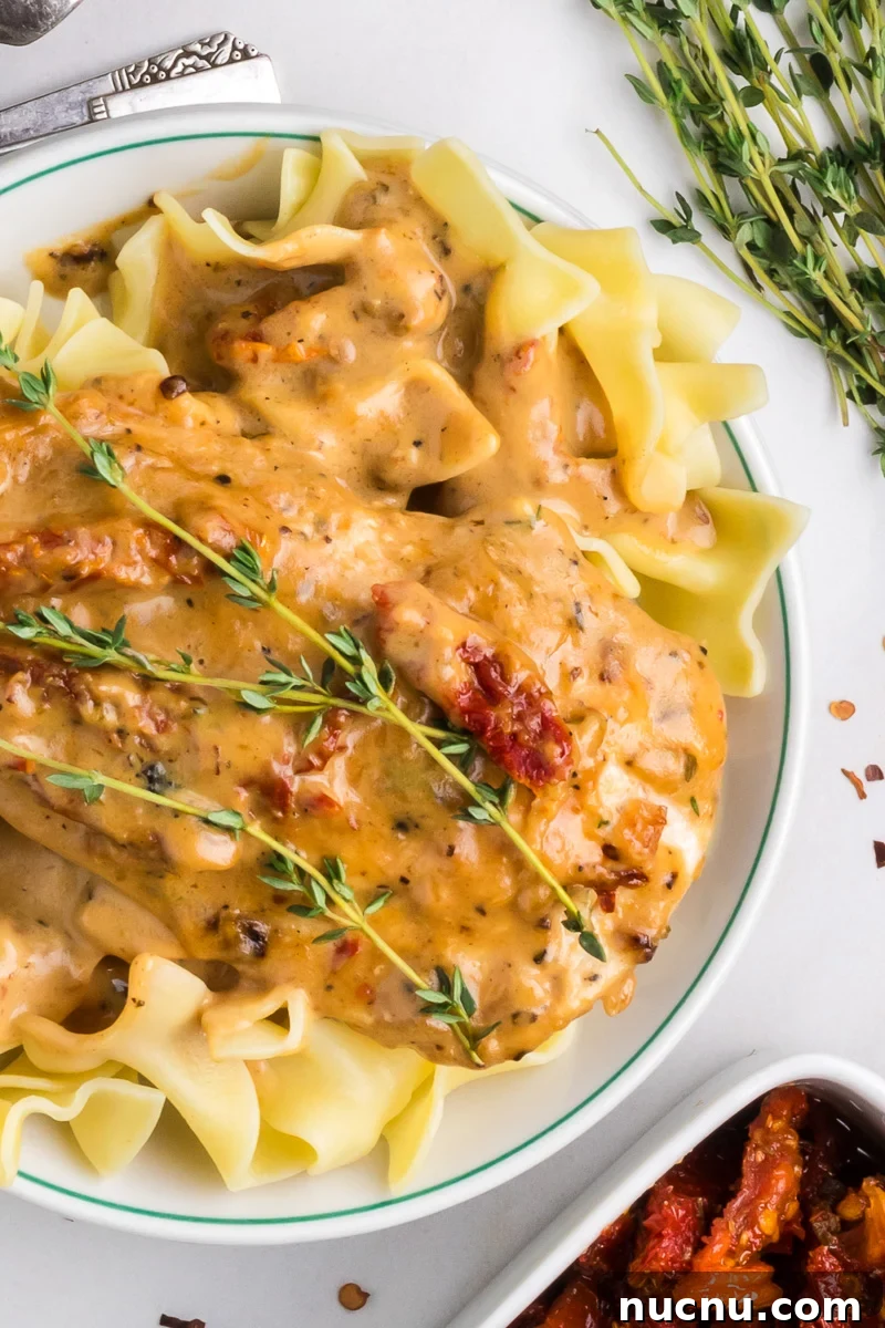 Overhead picture of marry me chicken on top of pasta.