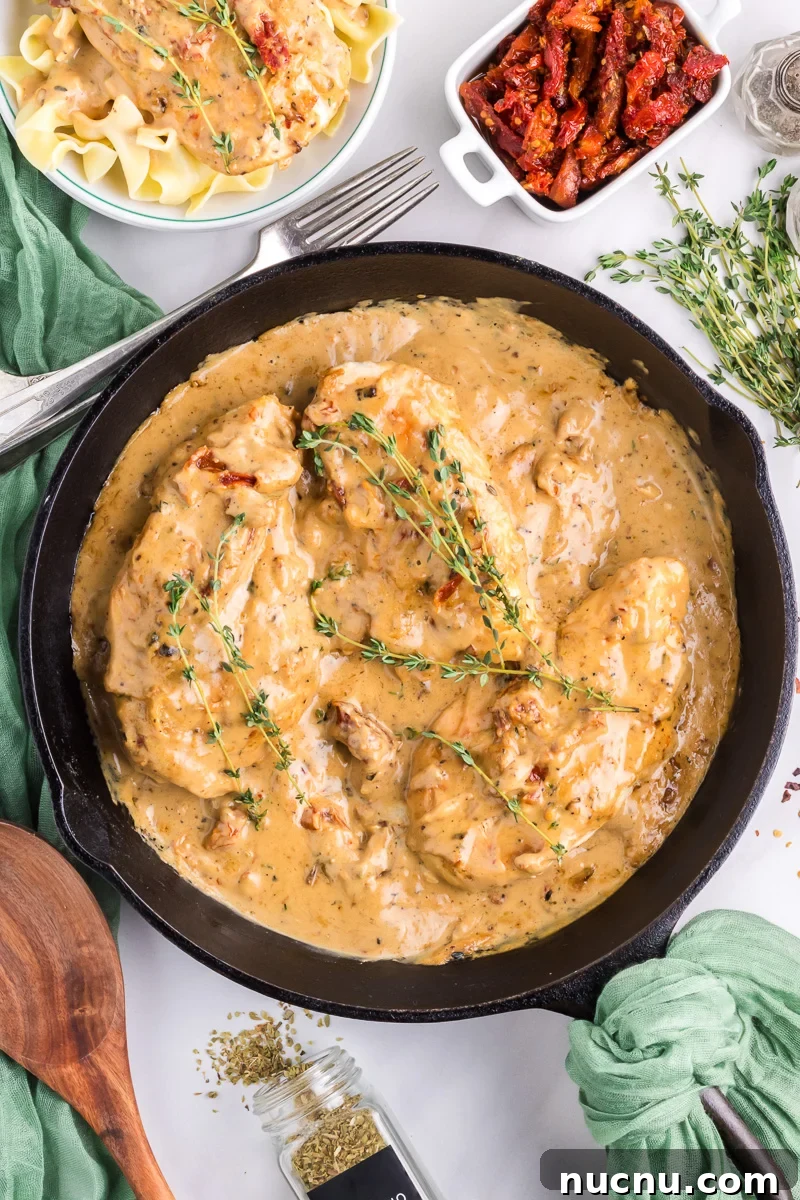 Finished dish with marry me chicken with Parmesan cream sauce in a cast iron skillet.