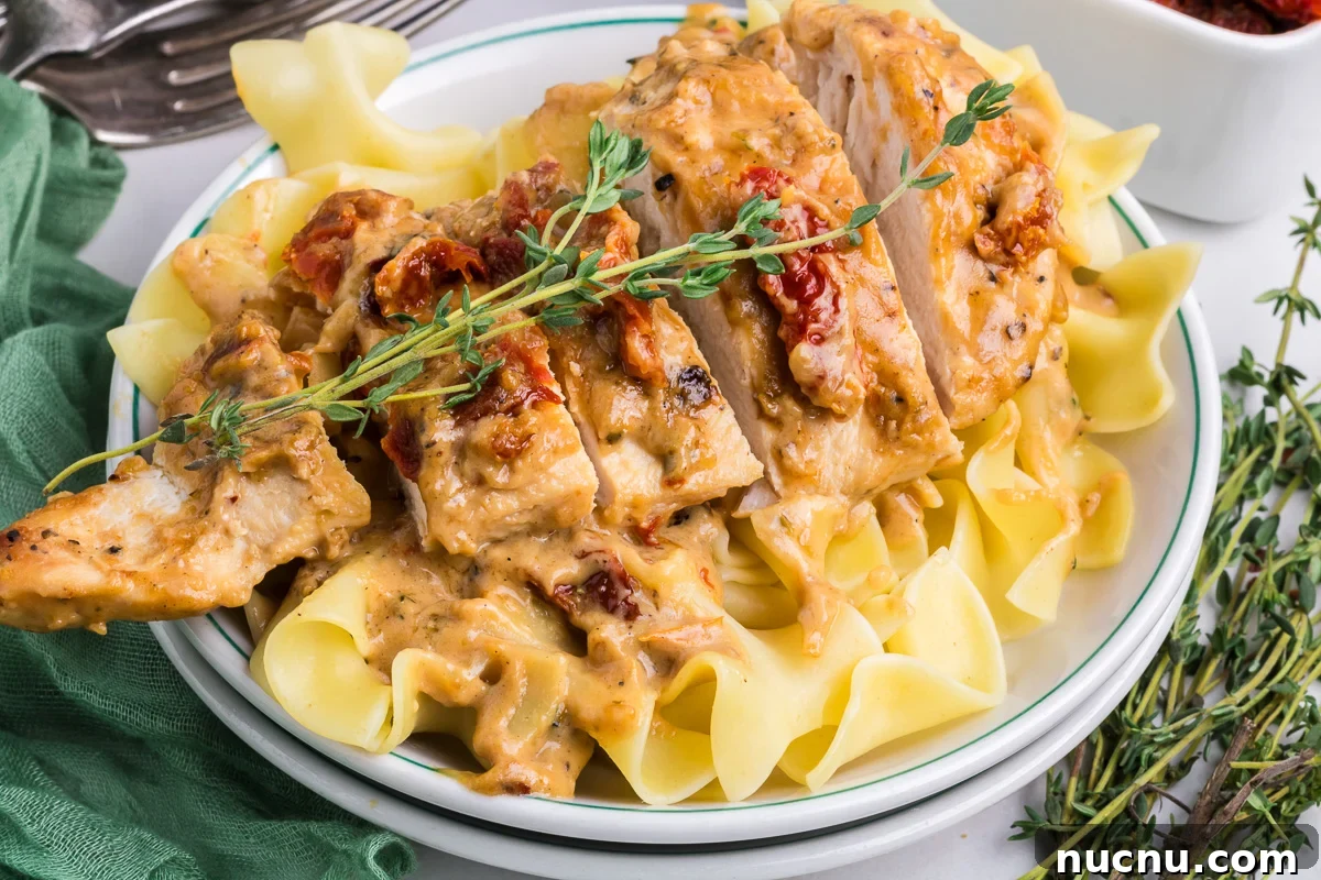 White plate with sundried tomato chicken on pasta.