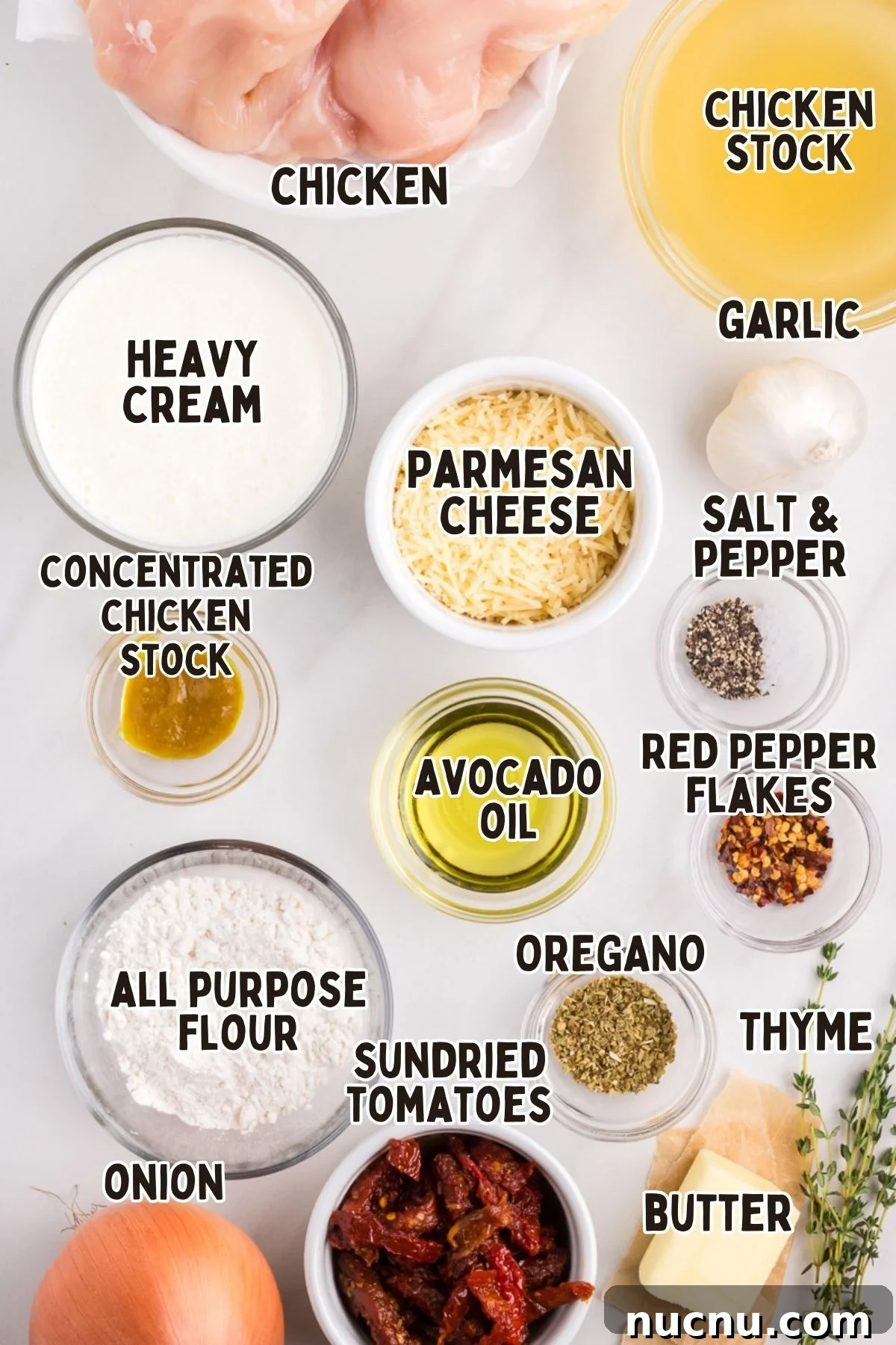 Labelled ingredients for marry me chicken recipe.