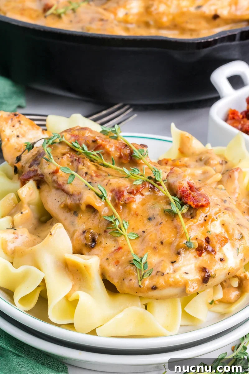 Marry me chicken non a white plate with broad noodles.