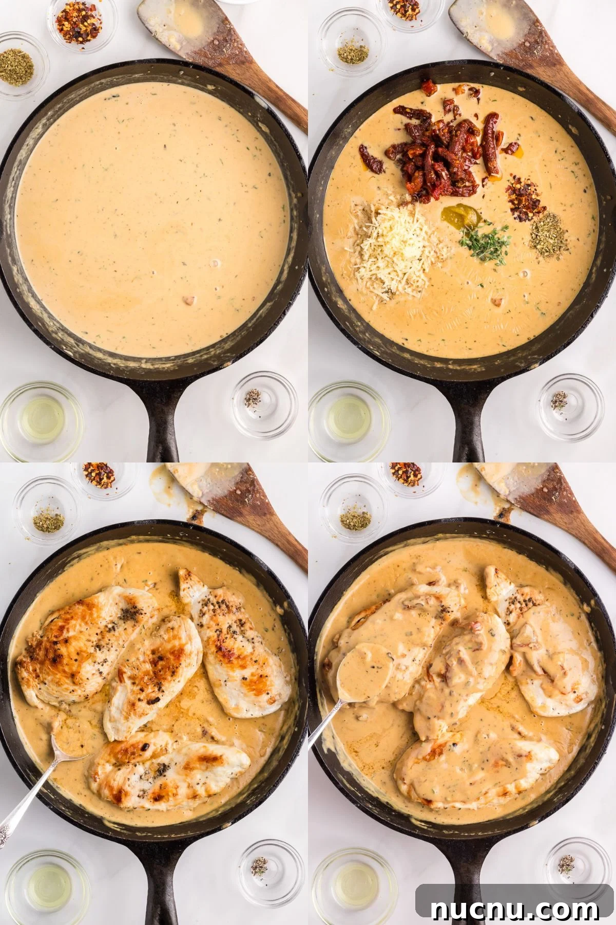 Step by step images for steps five to eight of making marry me chicken.