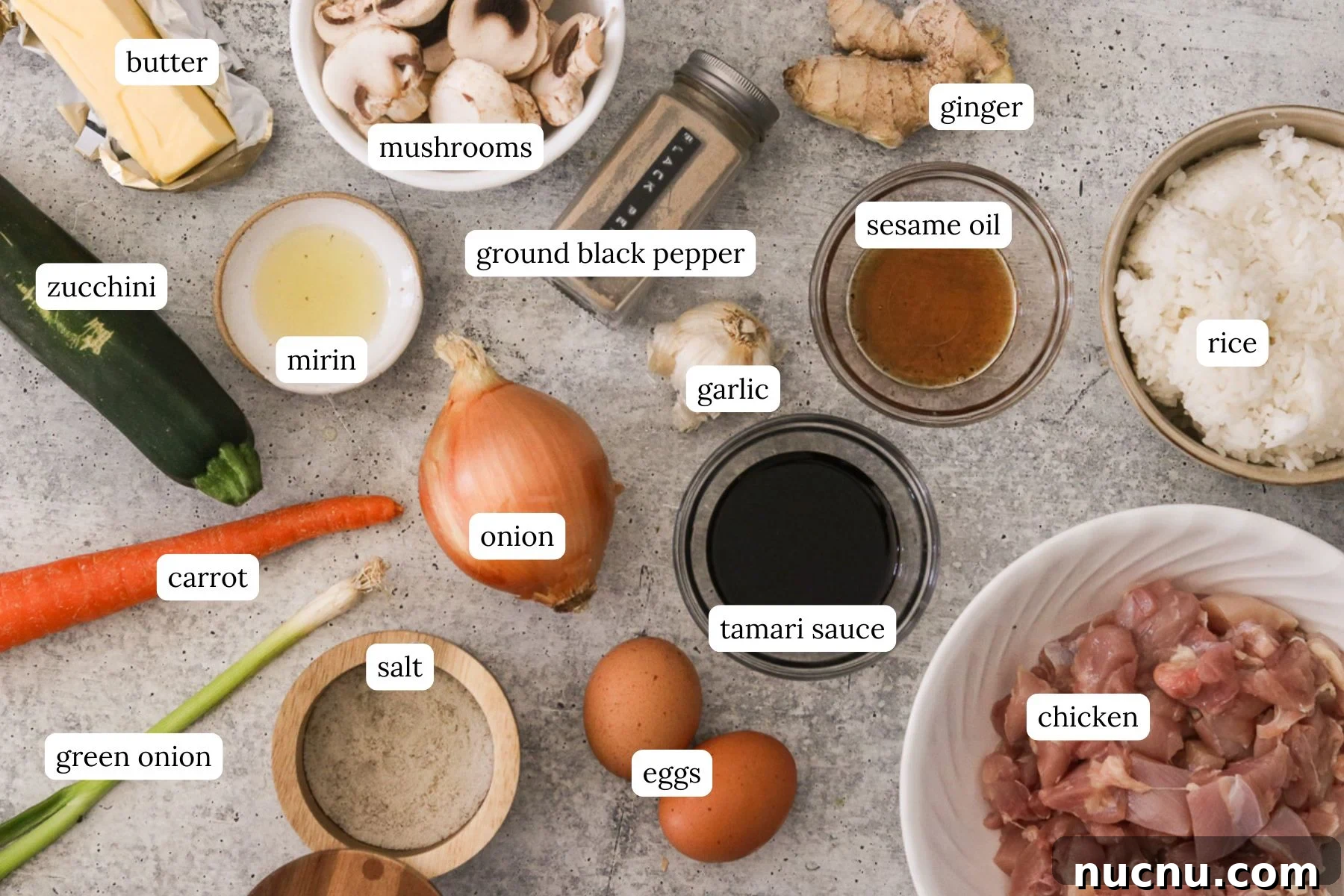 Hibachi Chicken Bowl Recipe — Japanese Steakhouse Copycat 3 Hibachi chicken bowl recipe ingredients labeled and arranged on a light gray countertop.
