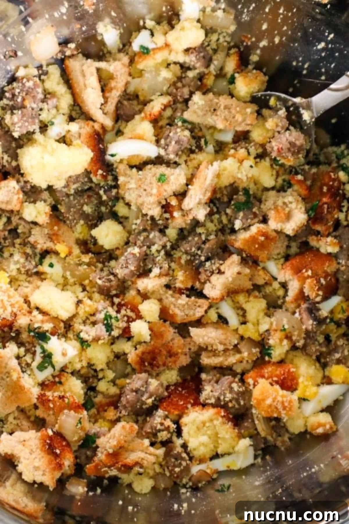 Classic Southern Cornbread Dressing Recipe for Holidays 4 cornbread dressing ingredients in mixing bowl