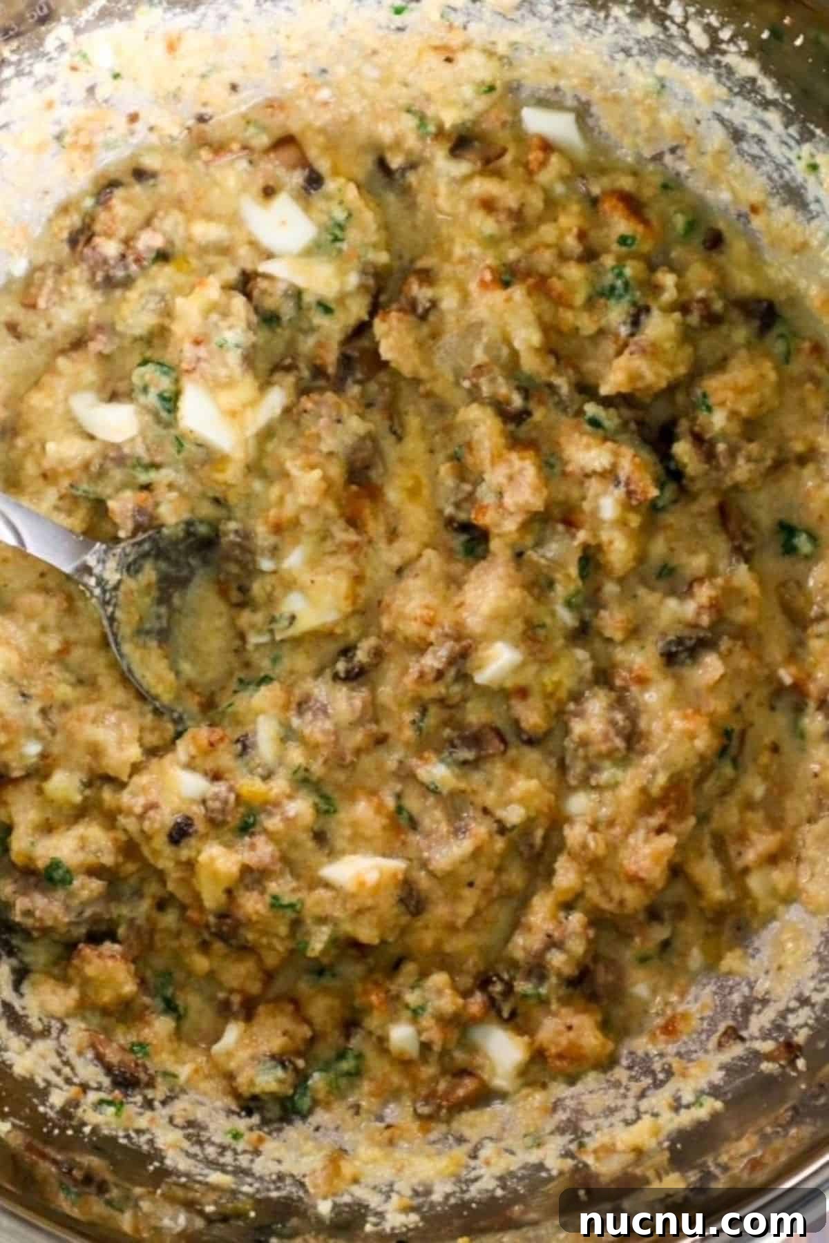 Classic Southern Cornbread Dressing Recipe for Holidays 5 honey cornbread and sausage dressing ingredients in mixing bowl