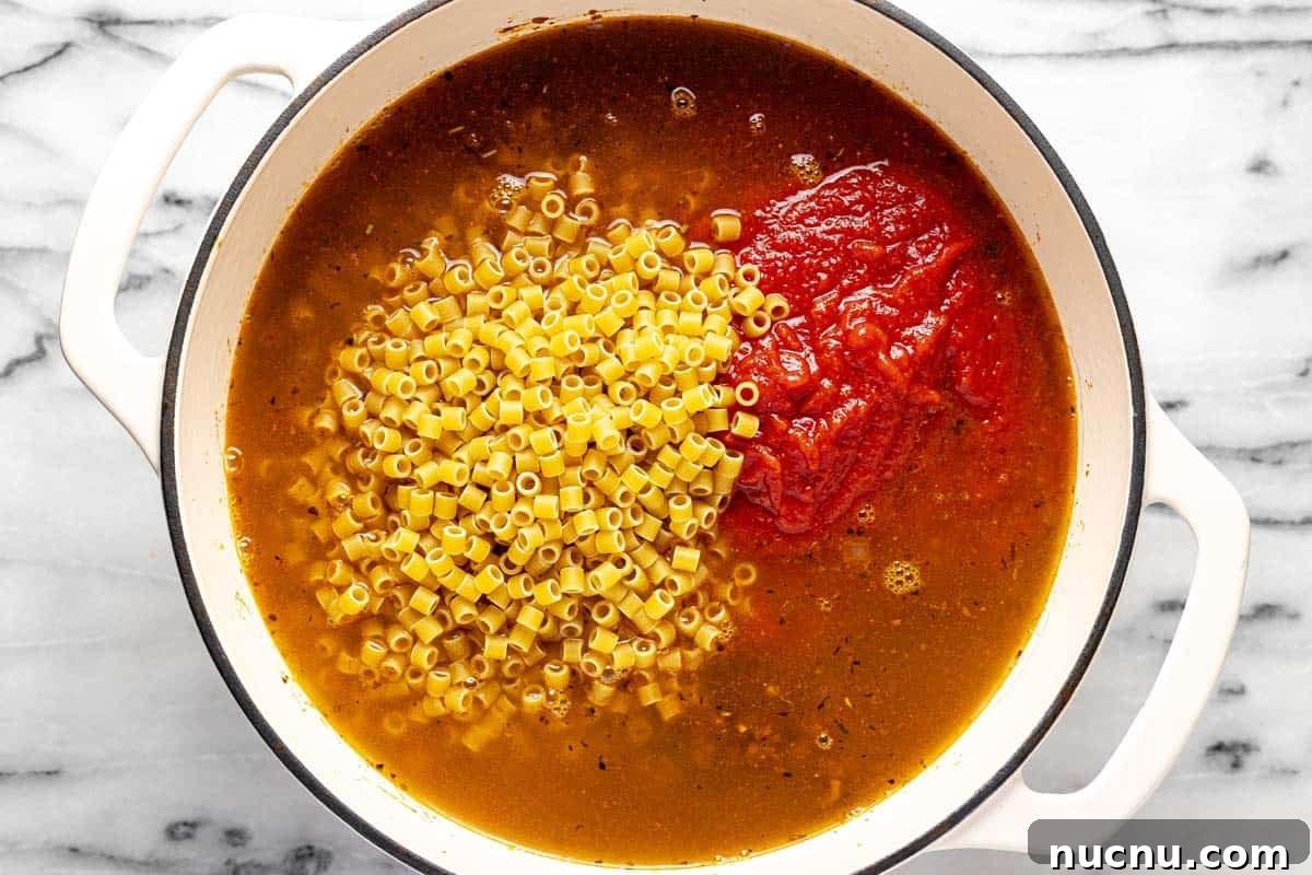 Creamy Beef and Tomato Noodle Soup Recipe 6 Large pot filled with ground beef, tomato sauce, broth, and noodles.