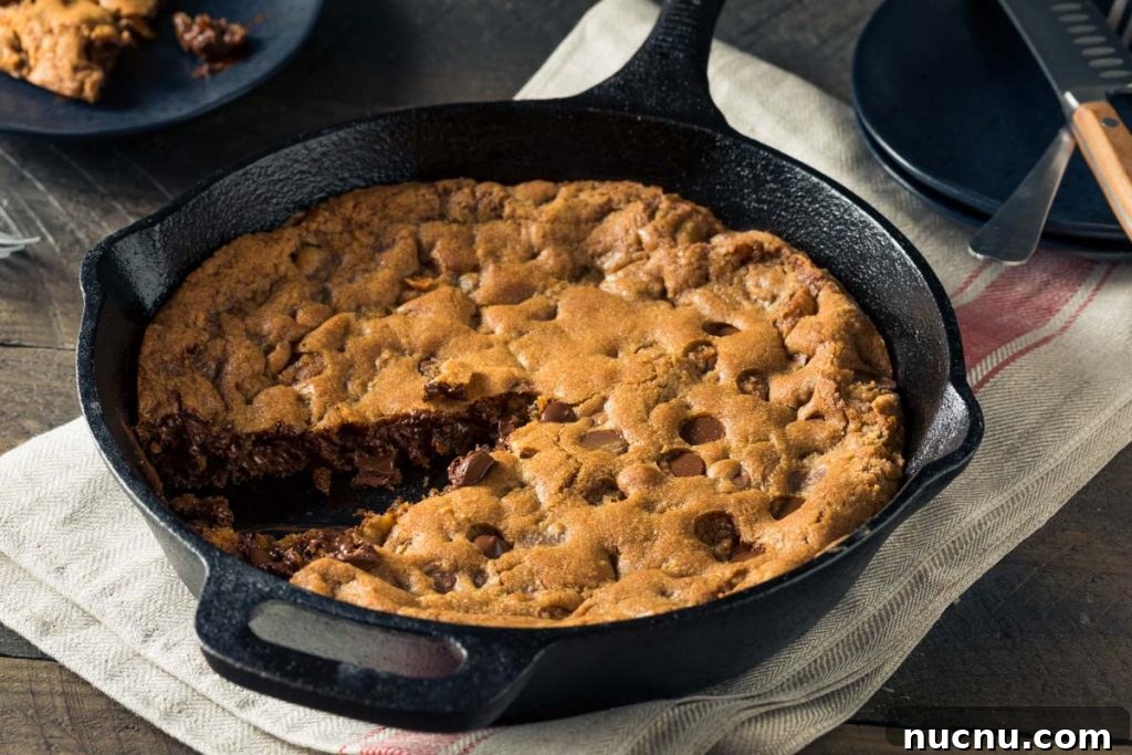 Skillet Chocolate Chip & Toffee Cookie (Pizookie Recipe) 5 a skillet cookie in a cast iron pan just out of the oven with one piece removed