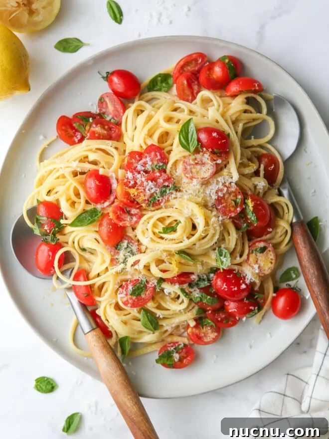 Lemon Pasta with Cherry Tomatoes and Fresh Basil Recipe 2 lemon pasta with tomatoes and basil on a plate in utensils