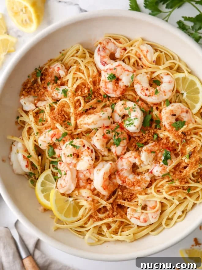 Lemon Pasta with Cherry Tomatoes and Fresh Basil Recipe 12 closeup of shrimp scampi pasta in a big bowl