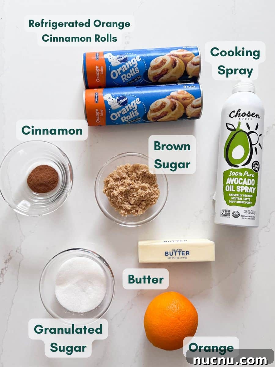 Orange Cinnamon Pull-Apart Loaf: Zesty Sweet Morning Bread 4 An overhead image of labeled recipe ingredients.