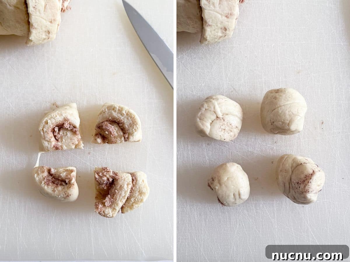 Orange Cinnamon Pull-Apart Loaf: Zesty Sweet Morning Bread 5 An orange roll cut into quarters on a cutting board and then each quarter rolled into balls.