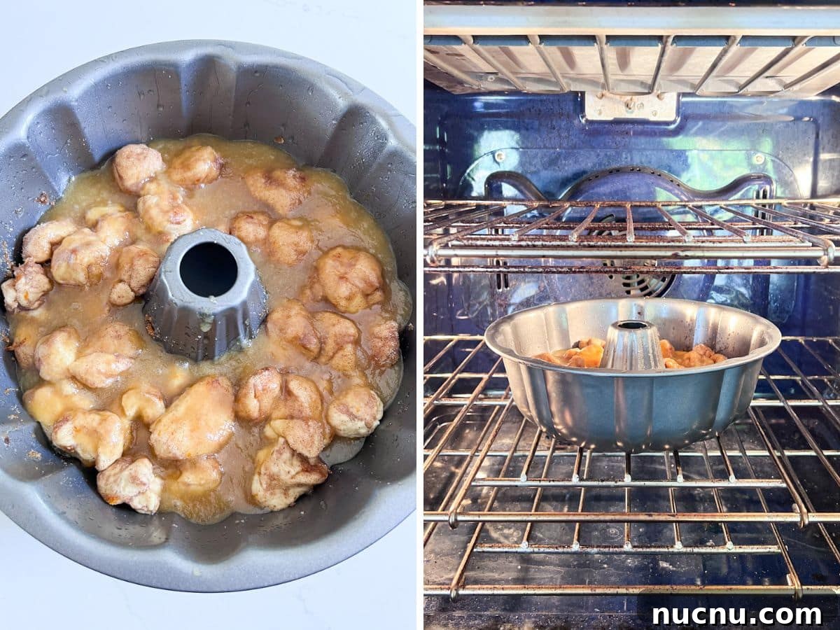 Orange Cinnamon Pull-Apart Loaf: Zesty Sweet Morning Bread 8 Coated cinnamon roll balls in the prepared bundt pan with the butter mixture poured on next to the bundt pan in the oven.
