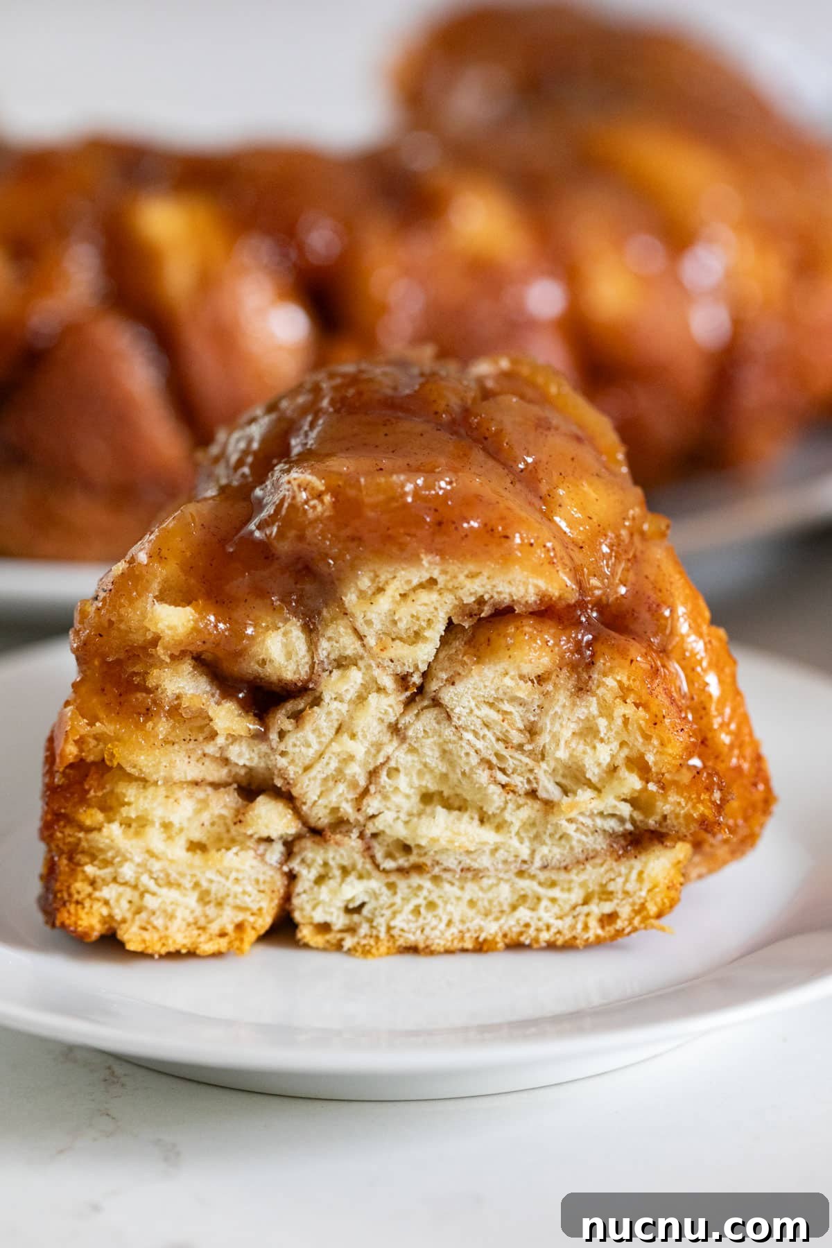 Orange Cinnamon Pull-Apart Loaf: Zesty Sweet Morning Bread 9 A close up image of a slice of pull apart bread focusing on the soft inside with the rest of it in the background.