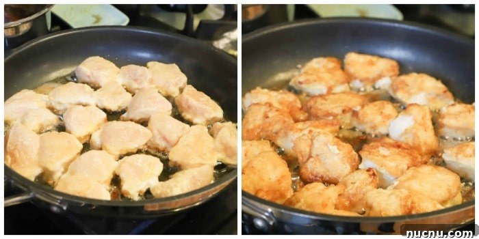 Sticky Orange Chicken Recipe: Crispy, Tangy Takeout at Home 4 cooking chicken in a skillet