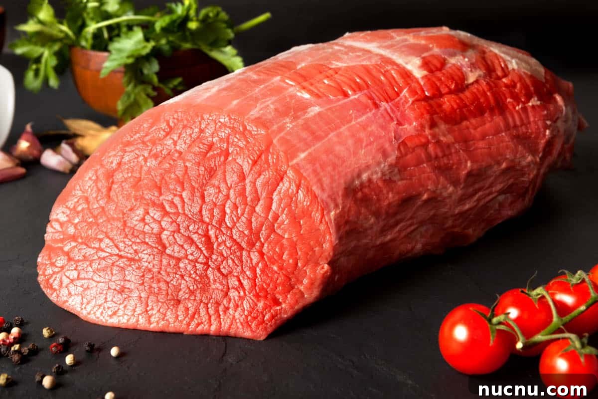 Kentucky Bourbon–Glazed Beef Jerky Recipe 3 Eye of round beef on dark cutting board